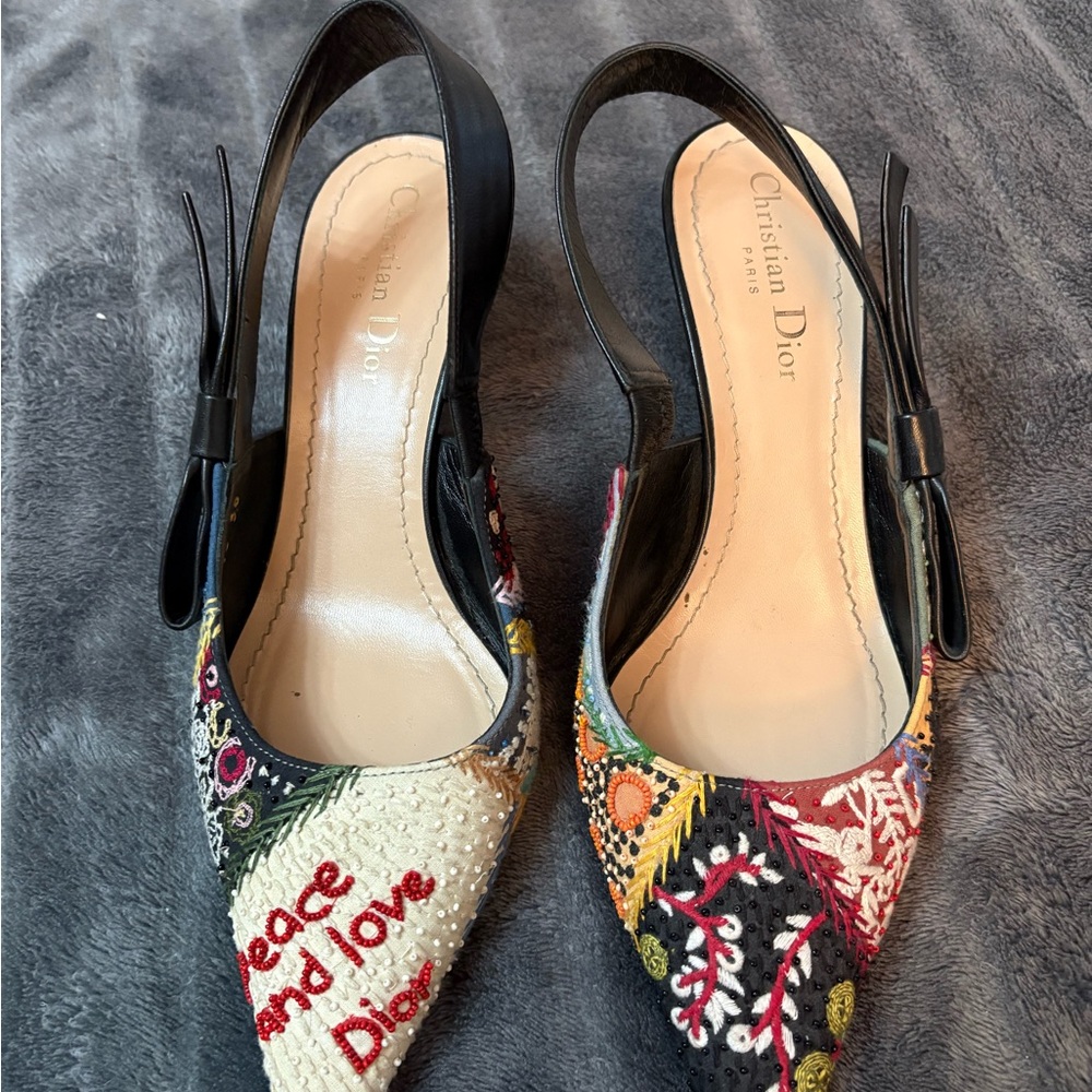 Christian Dior love and peace Red and Black Heels with Colorful Embroidery Sz 38
